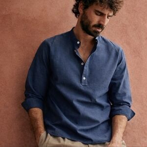 Octobre Editions Blue Henley Popover Collarless Size Large